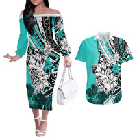 Polynesian Valentine Couples Matching Off The Shoulder Long Sleeve Dress and Hawaiian Shirt Couple Floral Unique Turquoise Version LT01 Turquoise - Polynesian Pride