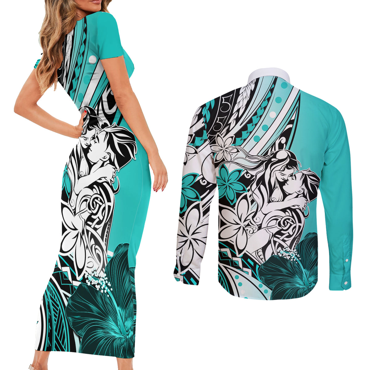Polynesian Valentine Couples Matching Short Sleeve Bodycon Dress and Long Sleeve Button Shirt Couple Floral Unique Turquoise Version LT01 - Polynesian Pride