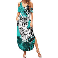 Polynesian Valentine Family Matching Summer Maxi Dress and Hawaiian Shirt Couple Floral Unique Turquoise Version LT01 Mom's Dress Turquoise - Polynesian Pride