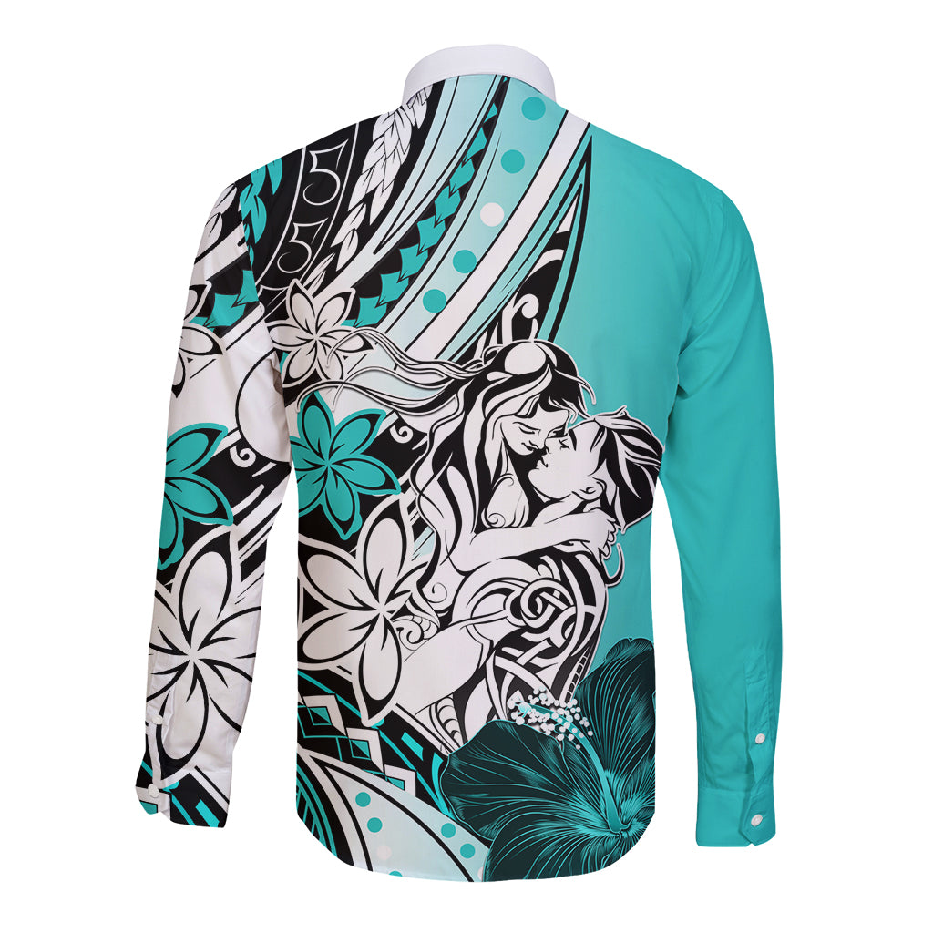Polynesian Valentine Long Sleeve Button Shirt Couple Floral Unique Turquoise Version LT01 - Polynesian Pride