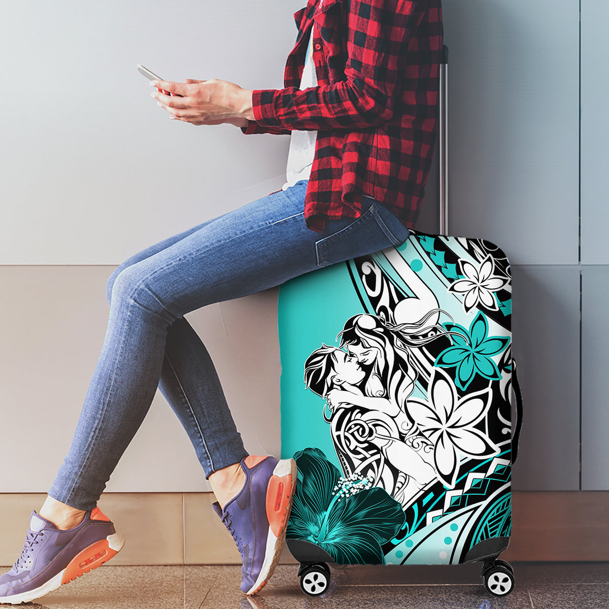 Polynesian Valentine Luggage Cover Couple Floral Unique Turquoise Version LT01 - Polynesian Pride