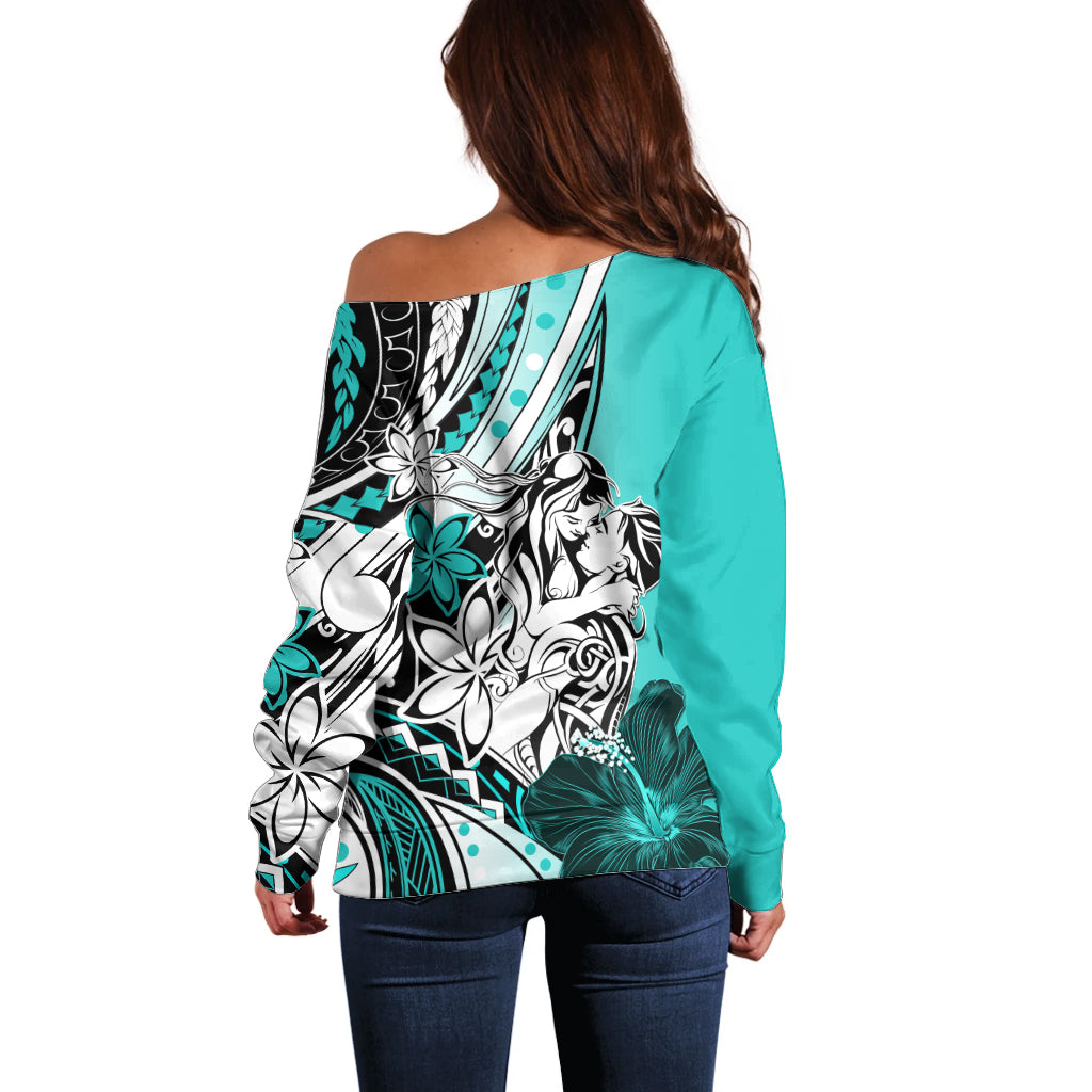 Polynesian Valentine Off Shoulder Sweater Couple Floral Unique Turquoise Version LT01 - Polynesian Pride