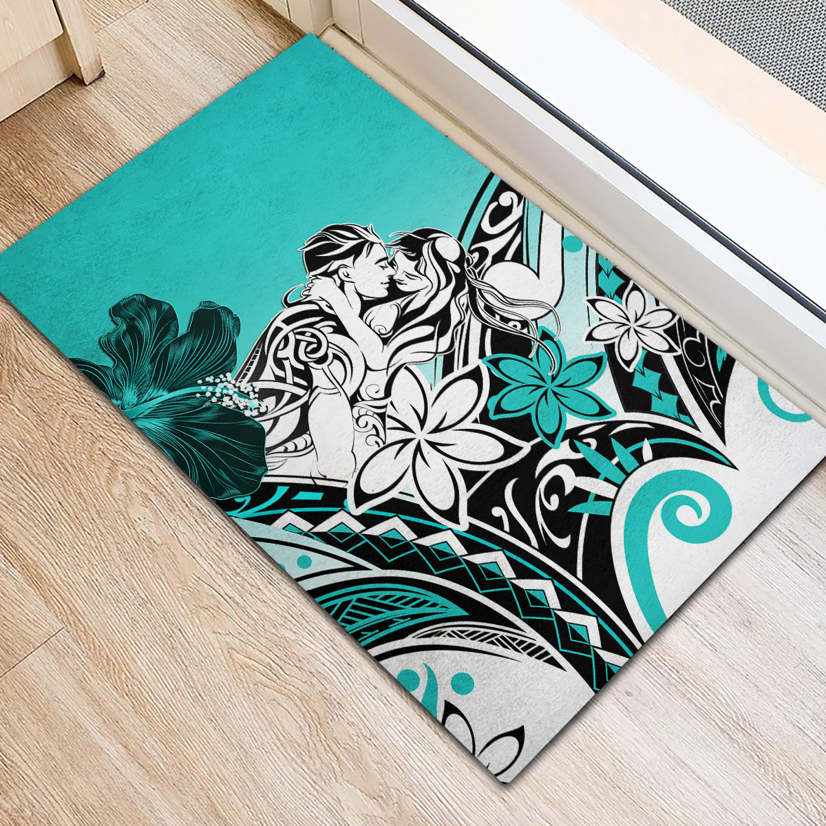 Polynesian Valentine Rubber Doormat Couple Floral Unique Turquoise Version LT01 - Polynesian Pride