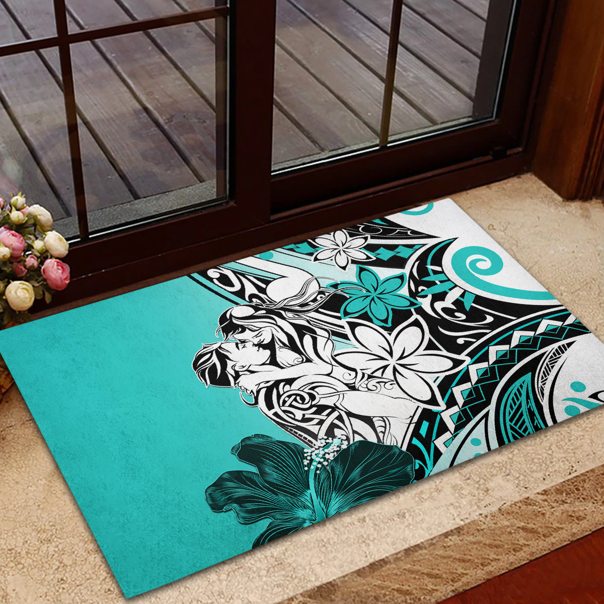 Polynesian Valentine Rubber Doormat Couple Floral Unique Turquoise Version LT01 - Polynesian Pride