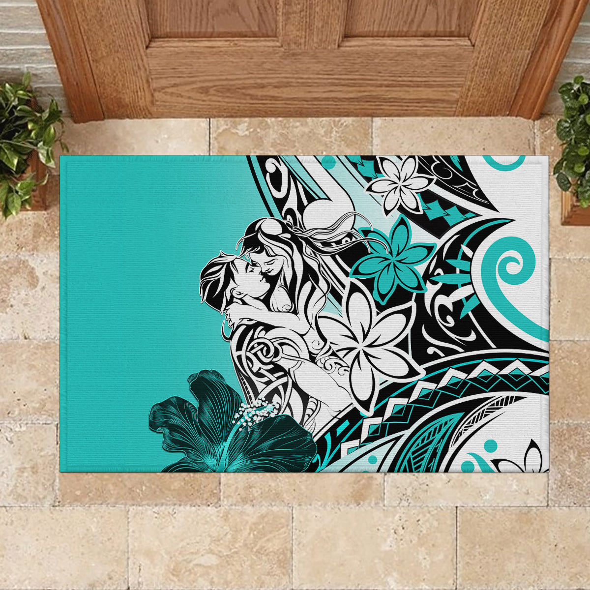 Polynesian Valentine Rubber Doormat Couple Floral Unique Turquoise Version LT01 - Polynesian Pride