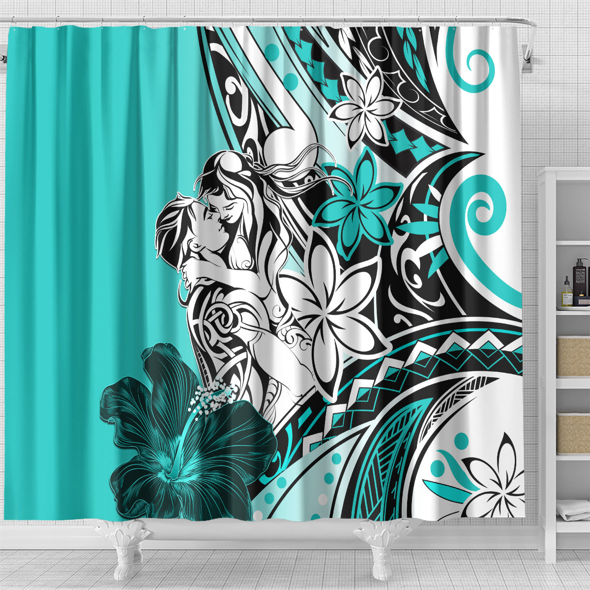 Polynesian Valentine Shower Curtain Couple Floral Unique Turquoise Version LT01 - Polynesian Pride