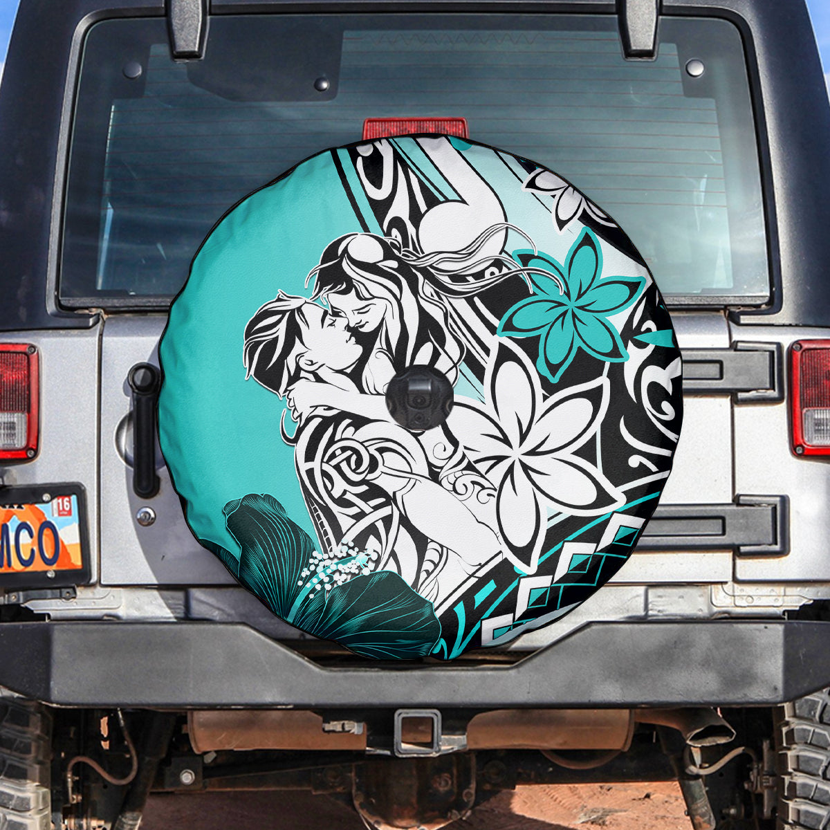 Polynesian Valentine Spare Tire Cover Couple Floral Unique Turquoise Version LT01 - Polynesian Pride