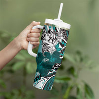 Polynesian Valentine Tumbler With Handle Couple Floral Unique Teal Version