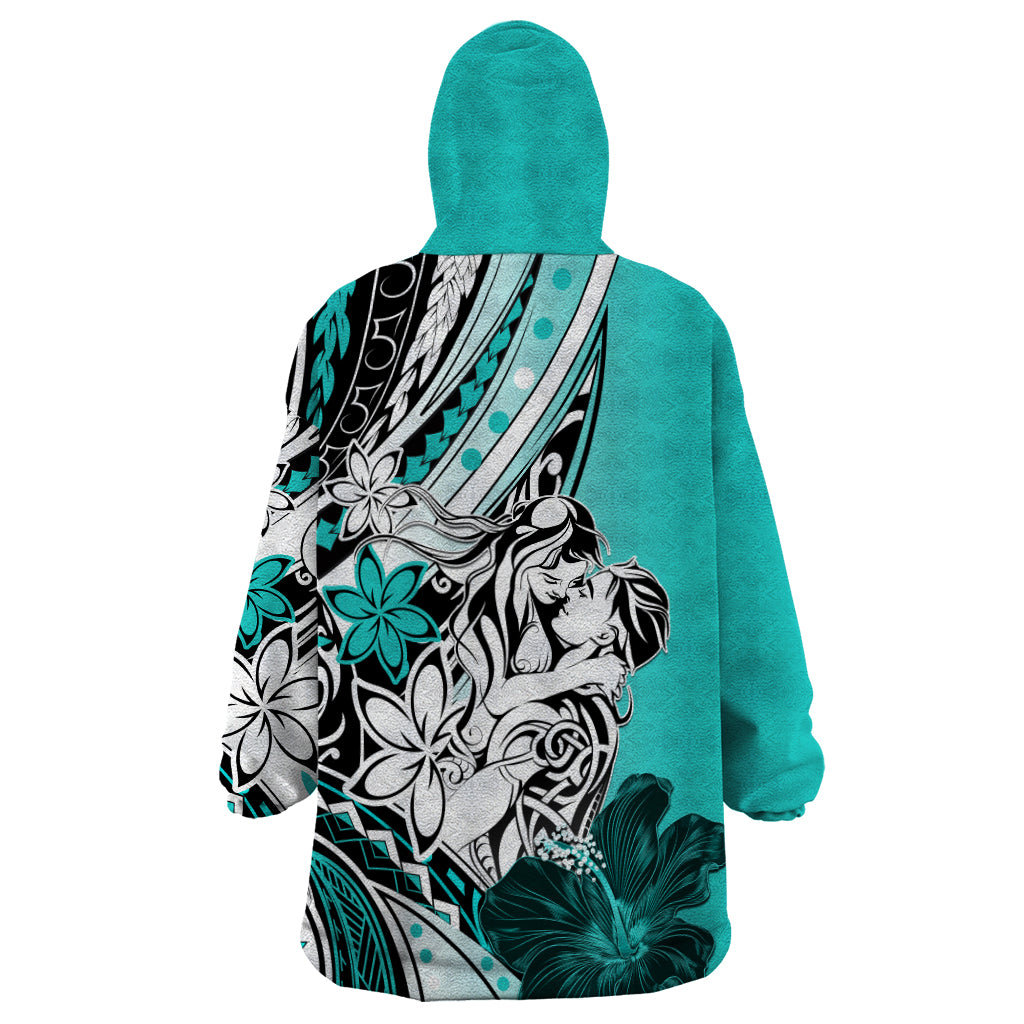 Polynesian Valentine Wearable Blanket Hoodie Couple Floral Unique Turquoise Version LT01 - Polynesian Pride