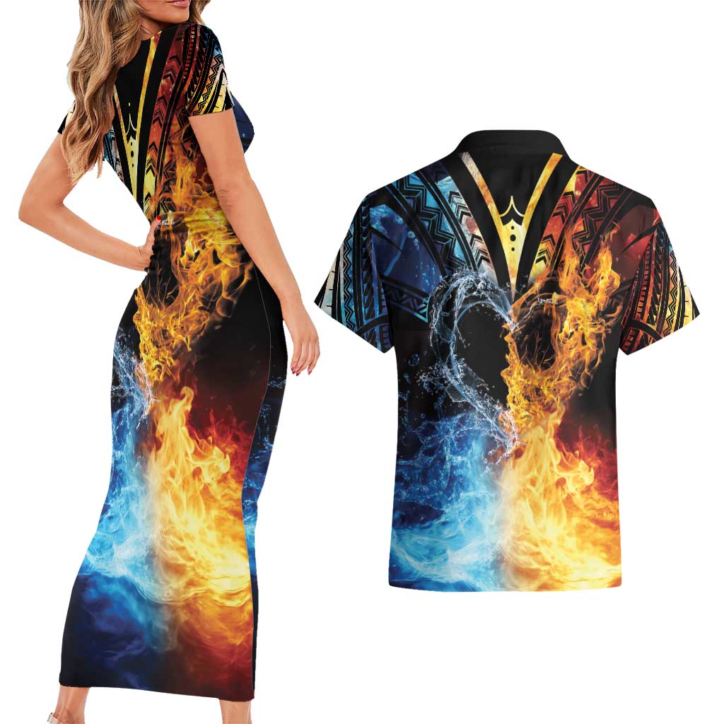 Personalised Polynesian Heart In Fire And Water Couples Matching Short Sleeve Bodycon Dress and Hawaiian Shirt Romantic Elements