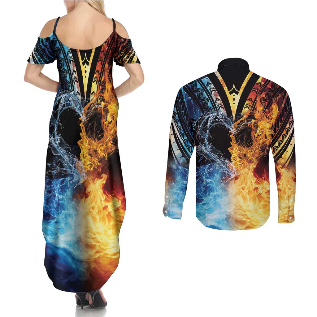 Personalised Polynesian Heart In Fire And Water Couples Matching Summer Maxi Dress and Long Sleeve Button Shirt Romantic Elements LT01 - Polynesian Pride