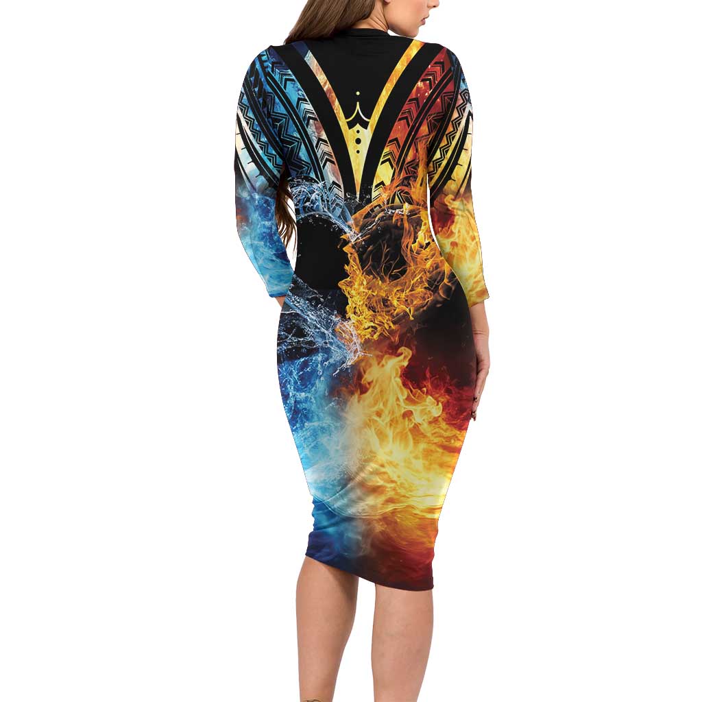 Personalised Polynesian Heart In Fire And Water Family Matching Long Sleeve Bodycon Dress and Hawaiian Shirt Romantic Elements LT01 - Polynesian Pride