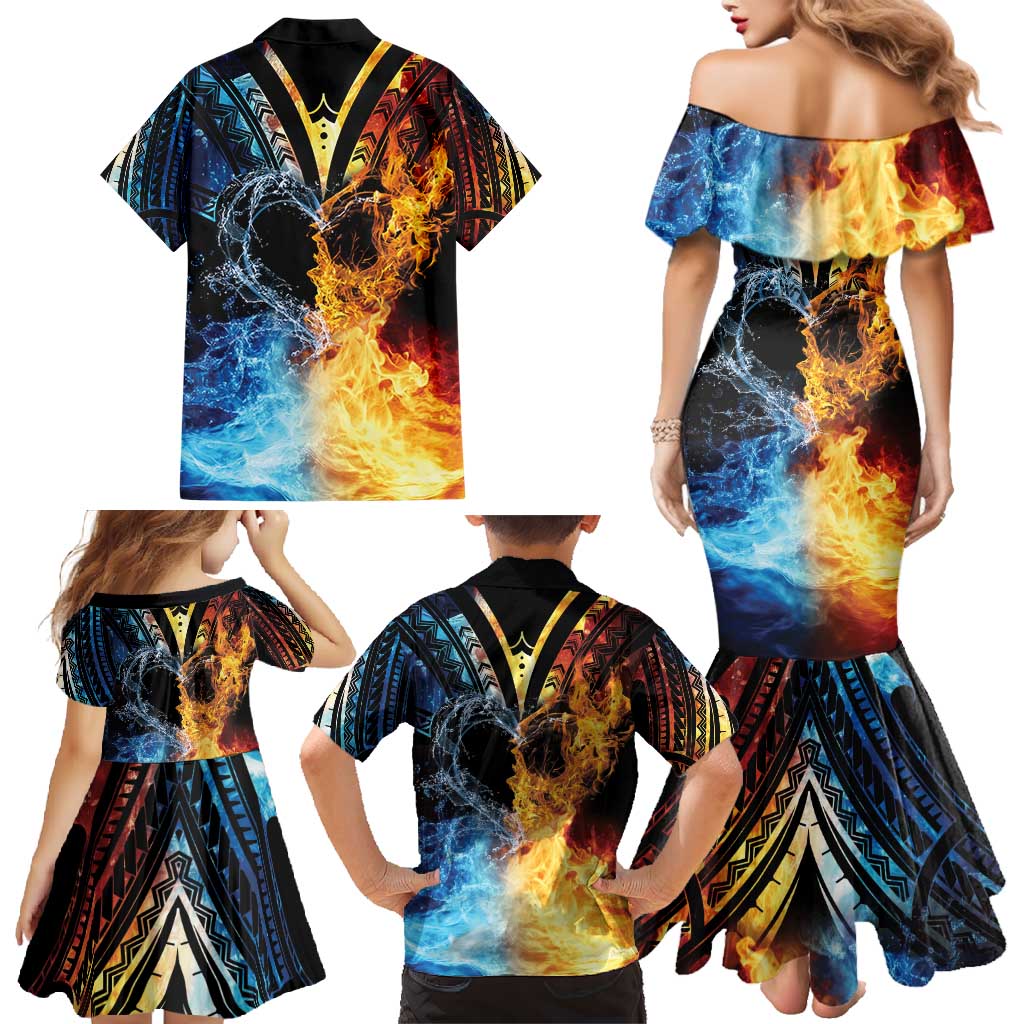 Personalised Polynesian Heart In Fire And Water Family Matching Mermaid Dress and Hawaiian Shirt Romantic Elements LT01 - Polynesian Pride