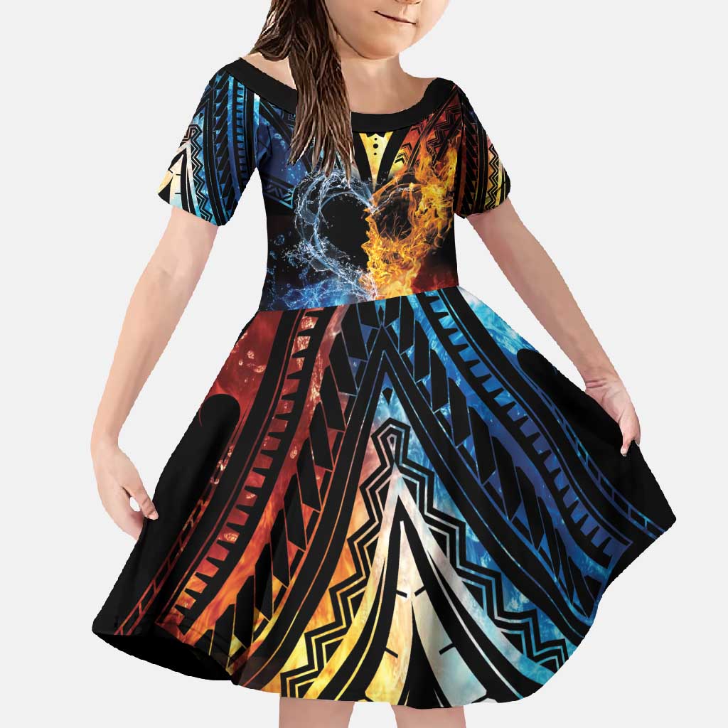 Personalised Polynesian Heart In Fire And Water Family Matching Off Shoulder Maxi Dress and Hawaiian Shirt Romantic Elements LT01 Daughter's Dress Colorful - Polynesian Pride