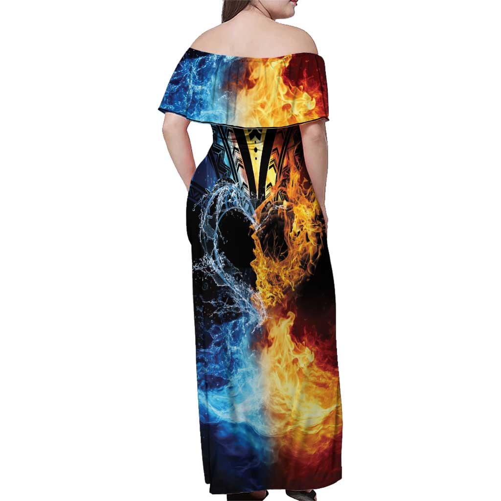 Personalised Polynesian Heart In Fire And Water Family Matching Off Shoulder Maxi Dress and Hawaiian Shirt Romantic Elements LT01 - Polynesian Pride