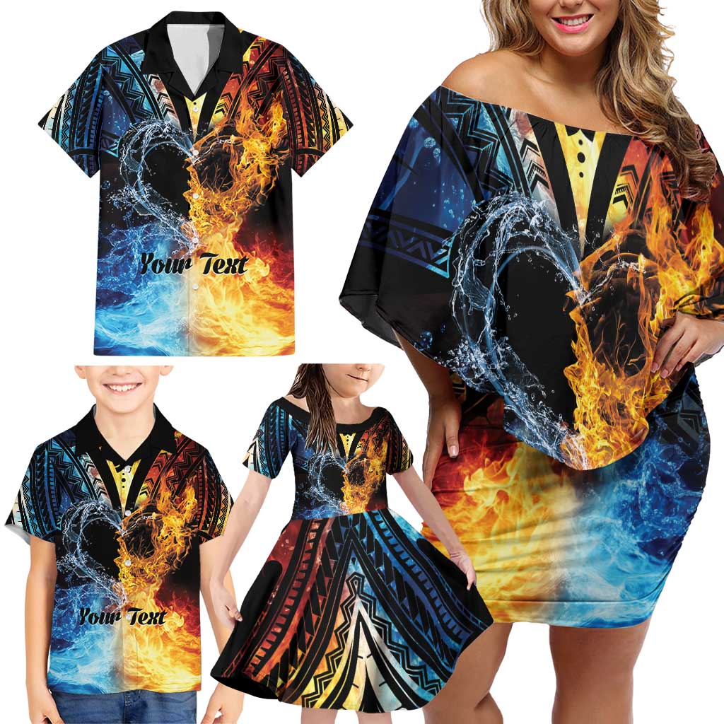 Personalised Polynesian Heart In Fire And Water Family Matching Off Shoulder Short Dress and Hawaiian Shirt Romantic Elements LT01 - Polynesian Pride