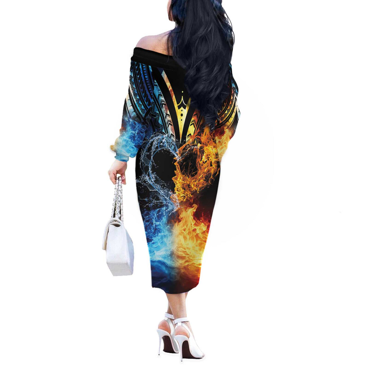 Personalised Polynesian Heart In Fire And Water Off The Shoulder Long Sleeve Dress Romantic Elements