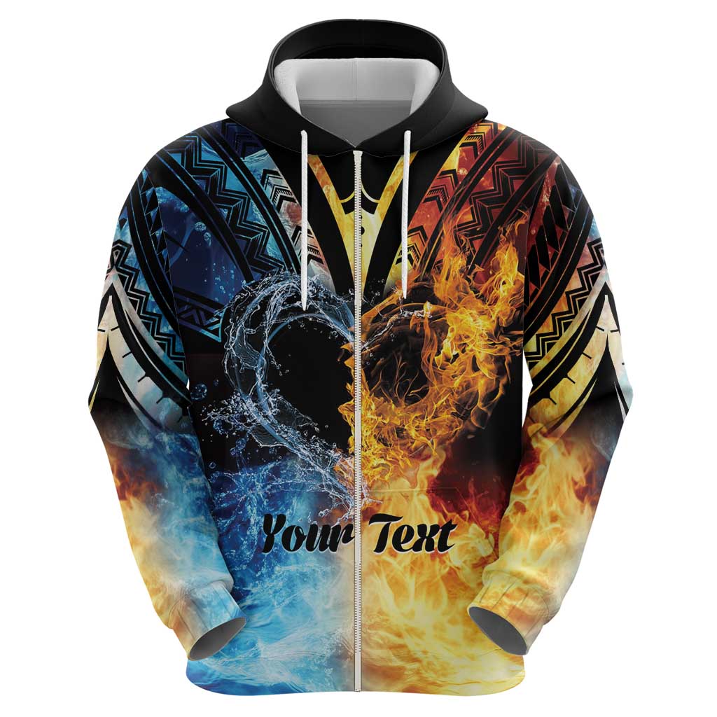 Personalised Polynesian Heart In Fire And Water Zip Hoodie Romantic Elements