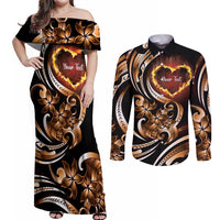 Personalised Polynesian Fiery Heart Couples Matching Off Shoulder Maxi Dress and Long Sleeve Button Shirt Passionate Love LT01 Black - Polynesian Pride