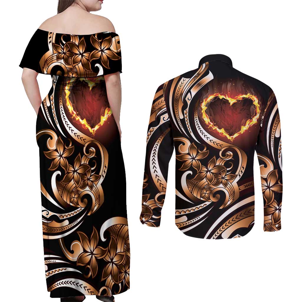 Personalised Polynesian Fiery Heart Couples Matching Off Shoulder Maxi Dress and Long Sleeve Button Shirt Passionate Love LT01 - Polynesian Pride