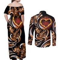 Personalised Polynesian Fiery Heart Couples Matching Off Shoulder Maxi Dress and Long Sleeve Button Shirt Passionate Love LT01 - Polynesian Pride