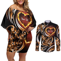 Personalised Polynesian Fiery Heart Couples Matching Off Shoulder Short Dress and Long Sleeve Button Shirt Passionate Love LT01 Black - Polynesian Pride