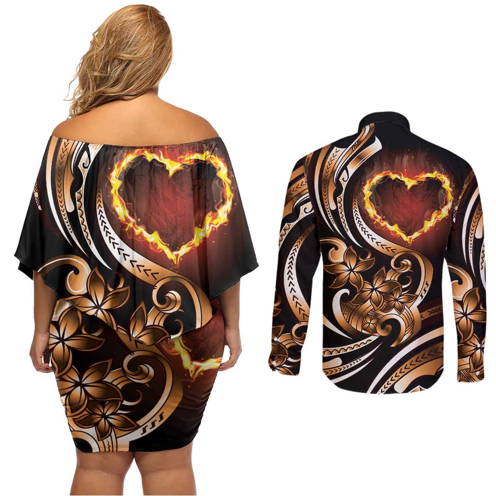 Personalised Polynesian Fiery Heart Couples Matching Off Shoulder Short Dress and Long Sleeve Button Shirt Passionate Love LT01 - Polynesian Pride