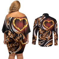 Personalised Polynesian Fiery Heart Couples Matching Off Shoulder Short Dress and Long Sleeve Button Shirt Passionate Love LT01 - Polynesian Pride