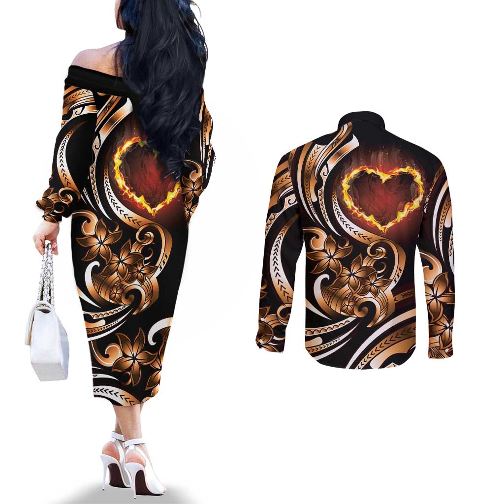 Personalised Polynesian Fiery Heart Couples Matching Off The Shoulder Long Sleeve Dress and Long Sleeve Button Shirt Passionate Love LT01 - Polynesian Pride