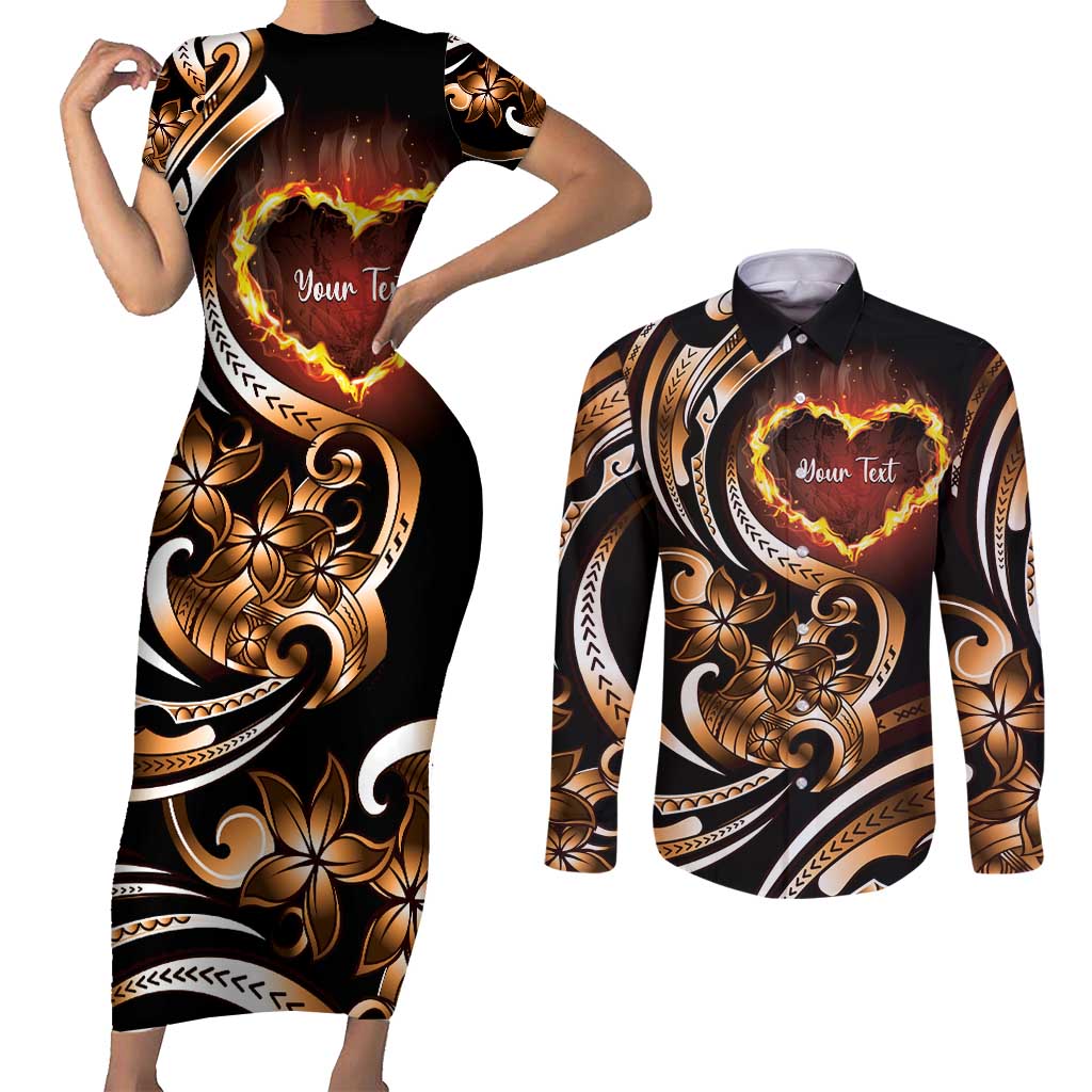 Personalised Polynesian Fiery Heart Couples Matching Short Sleeve Bodycon Dress and Long Sleeve Button Shirt Passionate Love LT01 Black - Polynesian Pride