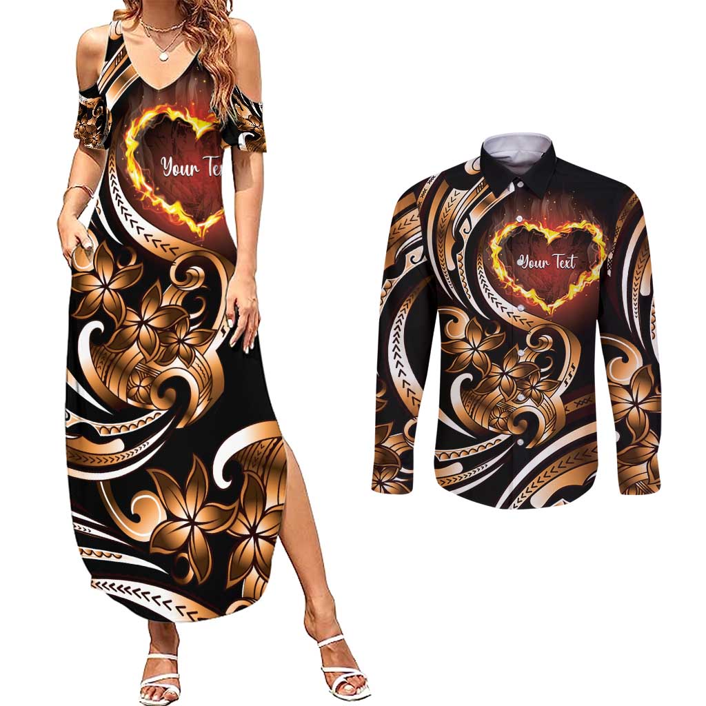 Personalised Polynesian Fiery Heart Couples Matching Summer Maxi Dress and Long Sleeve Button Shirt Passionate Love LT01 Black - Polynesian Pride