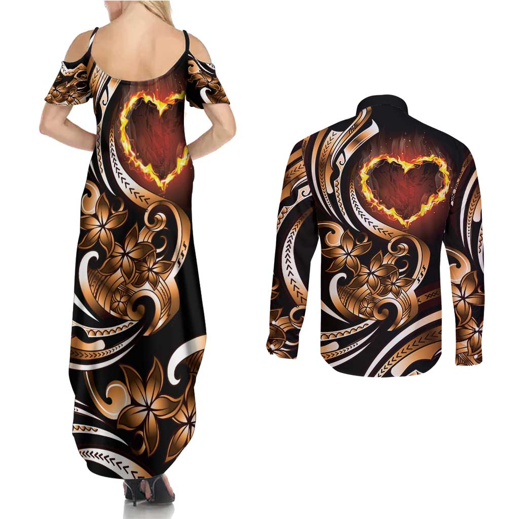 Personalised Polynesian Fiery Heart Couples Matching Summer Maxi Dress and Long Sleeve Button Shirt Passionate Love LT01 - Polynesian Pride