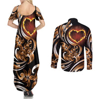 Personalised Polynesian Fiery Heart Couples Matching Summer Maxi Dress and Long Sleeve Button Shirt Passionate Love LT01 - Polynesian Pride