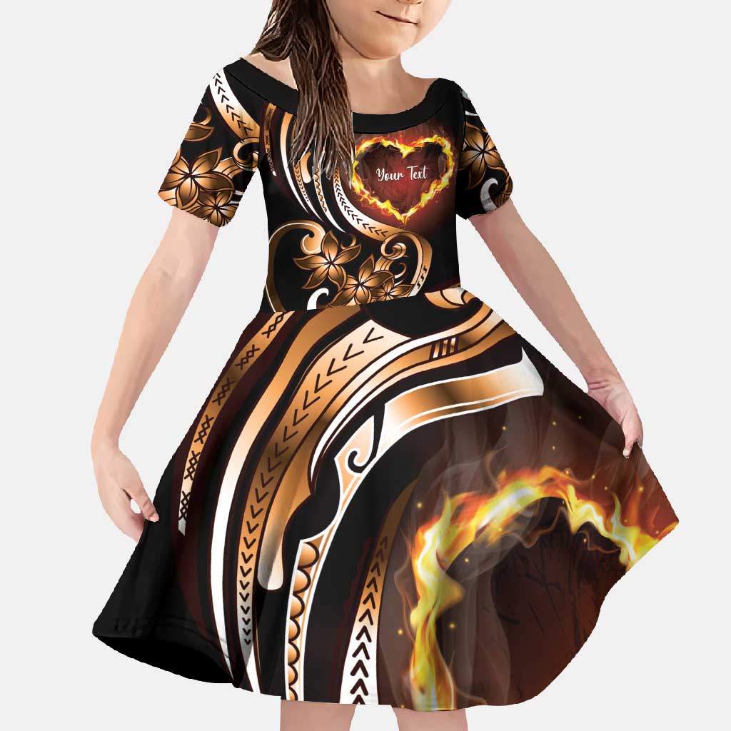Personalised Polynesian Fiery Heart Family Matching Long Sleeve Bodycon Dress and Hawaiian Shirt Passionate Love LT01 Daughter's Dress Black - Polynesian Pride