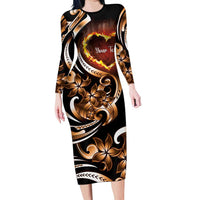 Personalised Polynesian Fiery Heart Family Matching Long Sleeve Bodycon Dress and Hawaiian Shirt Passionate Love LT01 Mom's Dress Black - Polynesian Pride