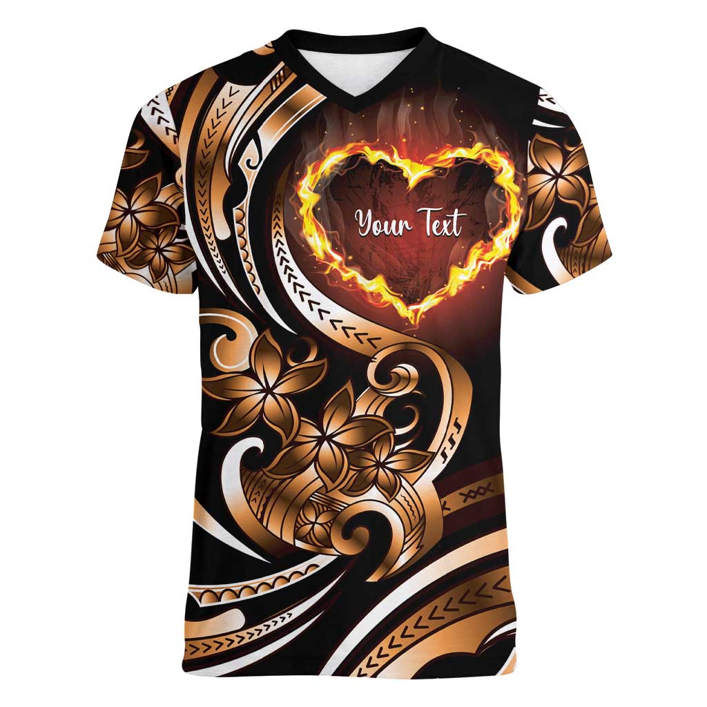 Personalised Polynesian Fiery Heart Women V-Neck T-Shirt Passionate Love LT01 Female Black - Polynesian Pride