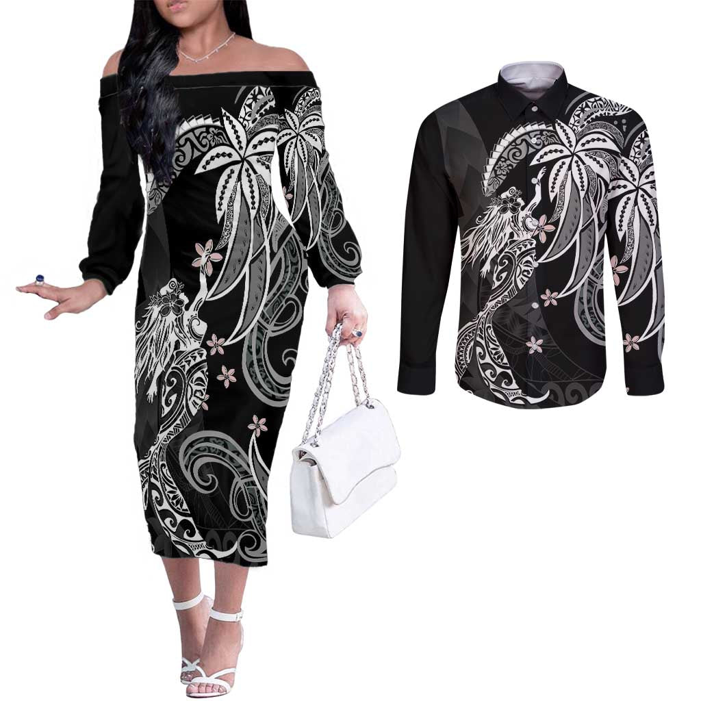 Polynesian Mermaid Plumeria Tribal Tattoo Couples Matching Off The Shoulder Long Sleeve Dress and Long Sleeve Button Shirt LT01 Black - Polynesian Pride