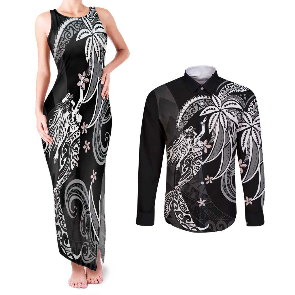 Polynesian Mermaid Plumeria Tribal Tattoo Couples Matching Tank Maxi Dress and Long Sleeve Button Shirt