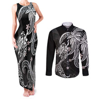 Polynesian Mermaid Plumeria Tribal Tattoo Couples Matching Tank Maxi Dress and Long Sleeve Button Shirt