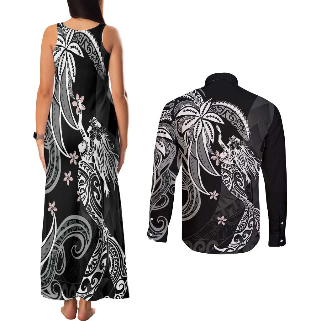 Polynesian Mermaid Plumeria Tribal Tattoo Couples Matching Tank Maxi Dress and Long Sleeve Button Shirt