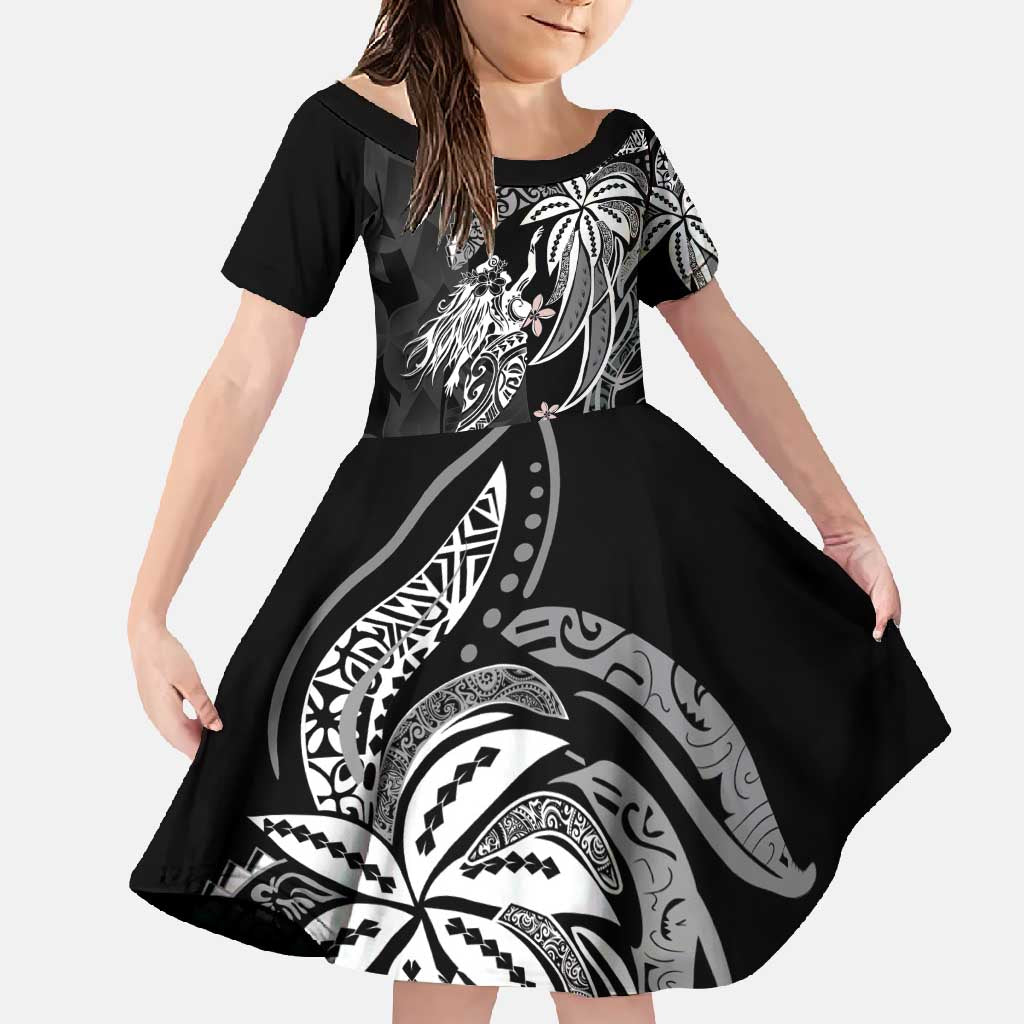 Polynesian Mermaid Plumeria Tribal Tattoo Family Matching Short Sleeve Bodycon Dress and Hawaiian Shirt LT01 Daughter's Dress Black - Polynesian Pride
