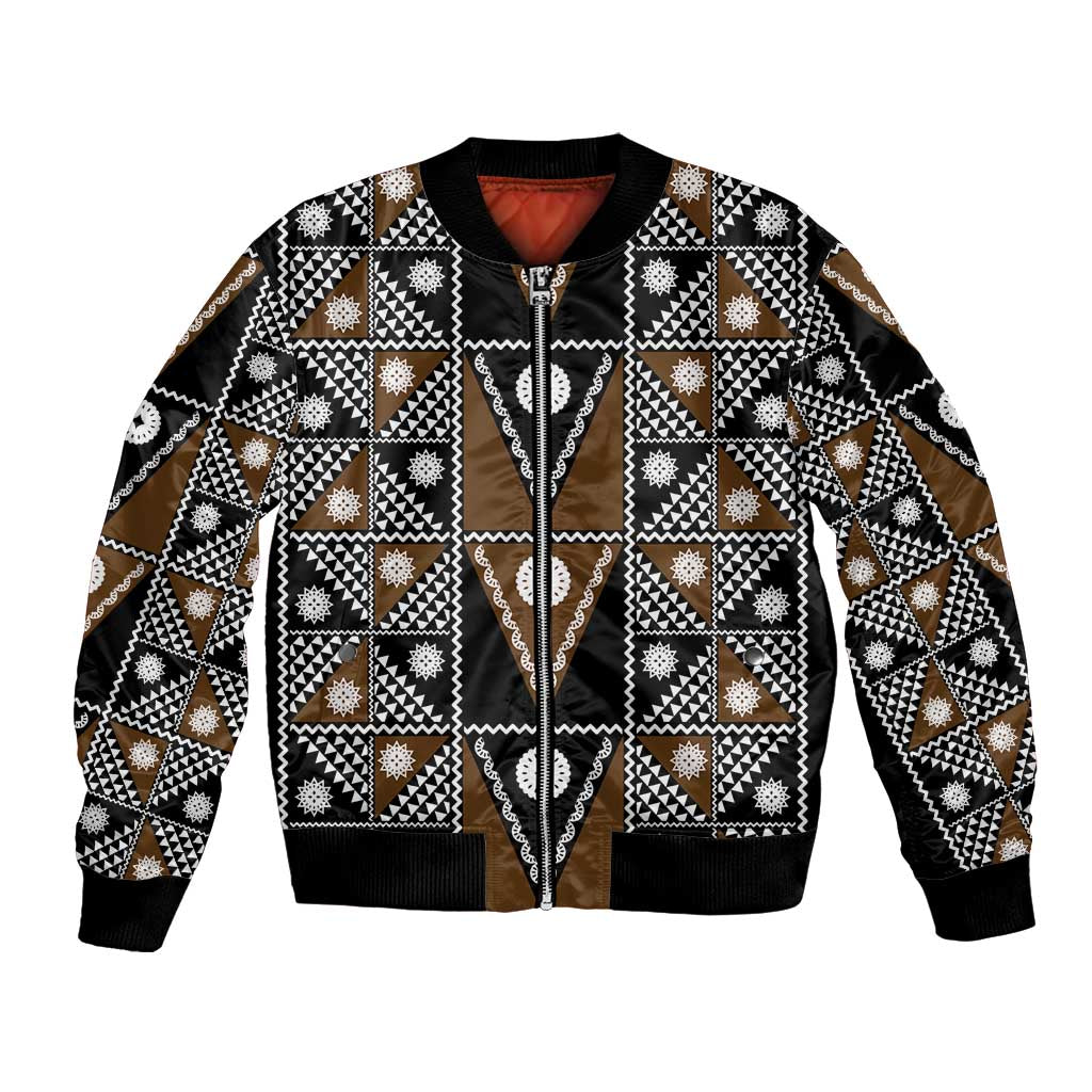 Fiji Brown Masi Pattern Bomber Jacket Fijian Tapa