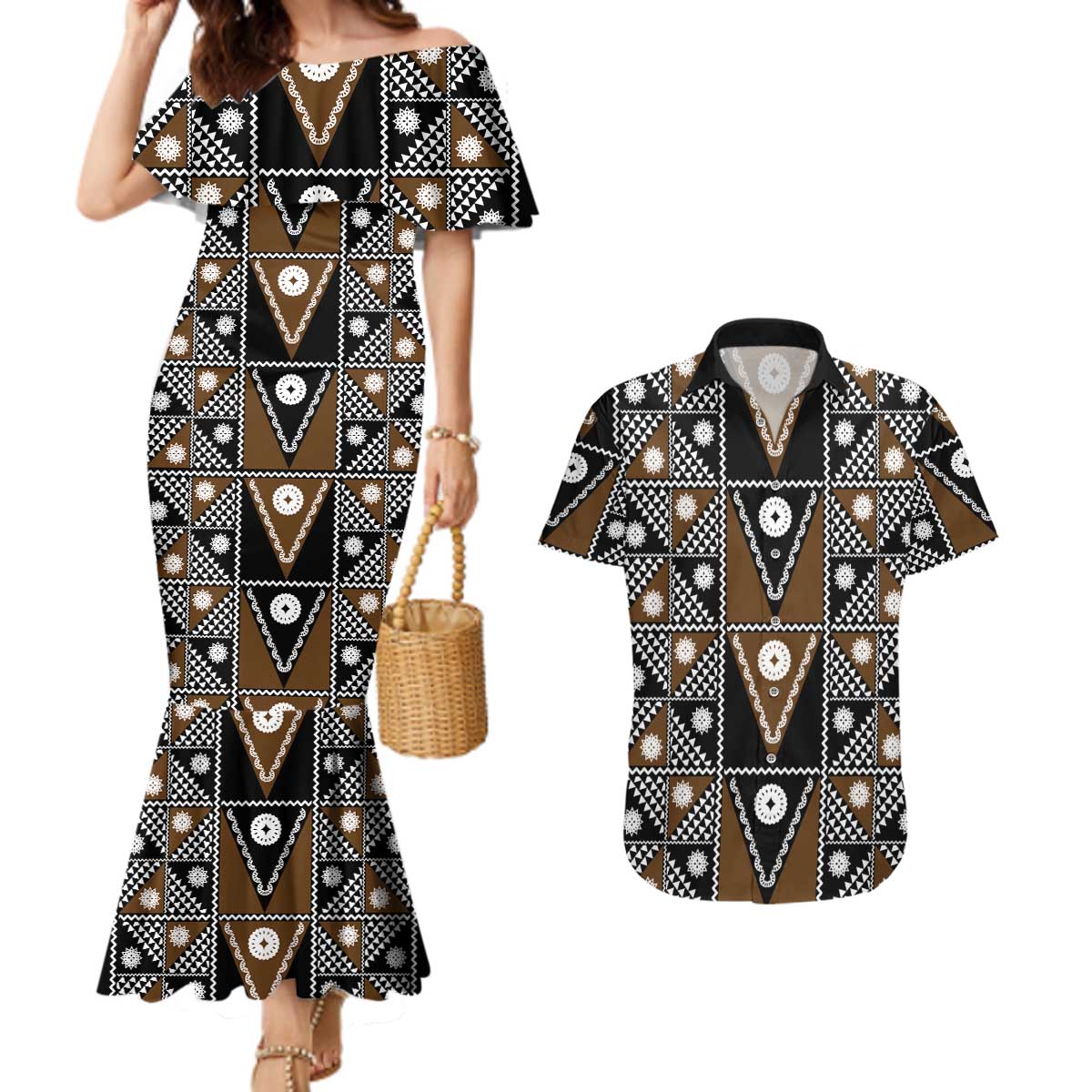 Fiji Brown Masi Pattern Couples Matching Mermaid Dress and Hawaiian Shirt Fijian Tapa LT01 Brown - Polynesian Pride