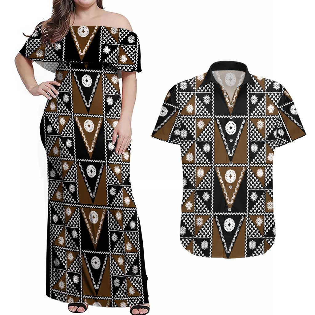 Fiji Brown Masi Pattern Couples Matching Off Shoulder Maxi Dress and Hawaiian Shirt Fijian Tapa LT01 Brown - Polynesian Pride