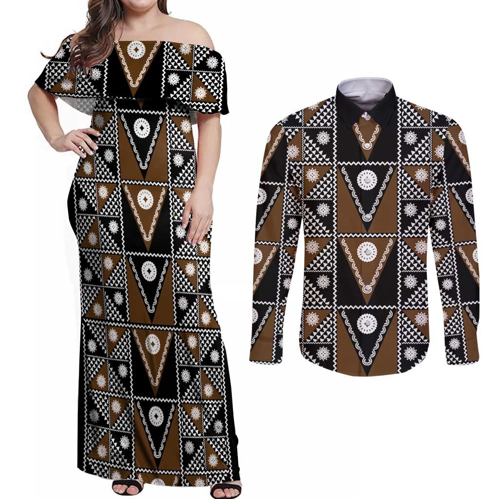Fiji Brown Masi Pattern Couples Matching Off Shoulder Maxi Dress and Long Sleeve Button Shirt Fijian Tapa LT01 Brown - Polynesian Pride