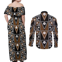 Fiji Brown Masi Pattern Couples Matching Off Shoulder Maxi Dress and Long Sleeve Button Shirt Fijian Tapa