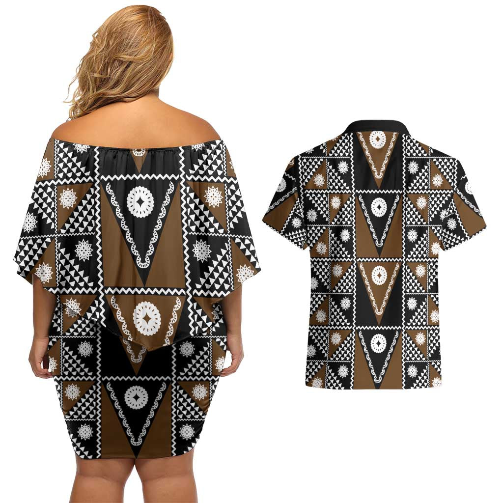 Fiji Brown Masi Pattern Couples Matching Off Shoulder Short Dress and Hawaiian Shirt Fijian Tapa LT01 - Polynesian Pride