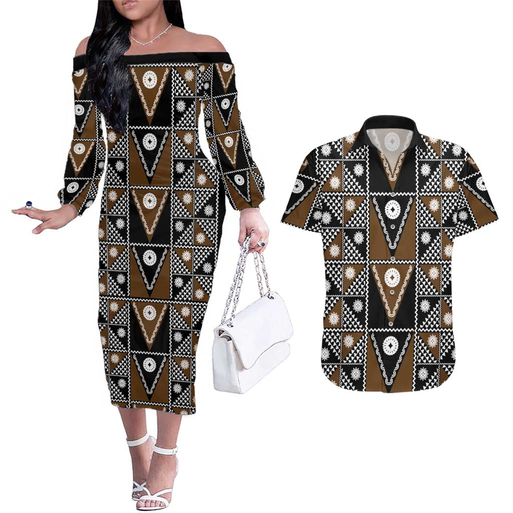 Fiji Brown Masi Pattern Couples Matching Off The Shoulder Long Sleeve Dress and Hawaiian Shirt Fijian Tapa LT01 Brown - Polynesian Pride