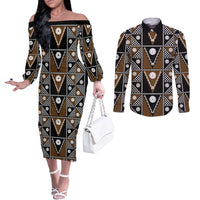 Fiji Brown Masi Pattern Couples Matching Off The Shoulder Long Sleeve Dress and Long Sleeve Button Shirt Fijian Tapa LT01 Brown - Polynesian Pride