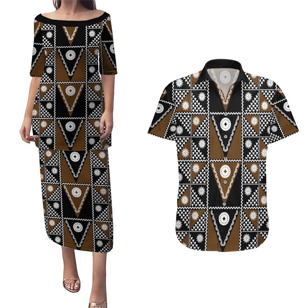 Fiji Brown Masi Pattern Couples Matching Puletasi and Hawaiian Shirt Fijian Tapa